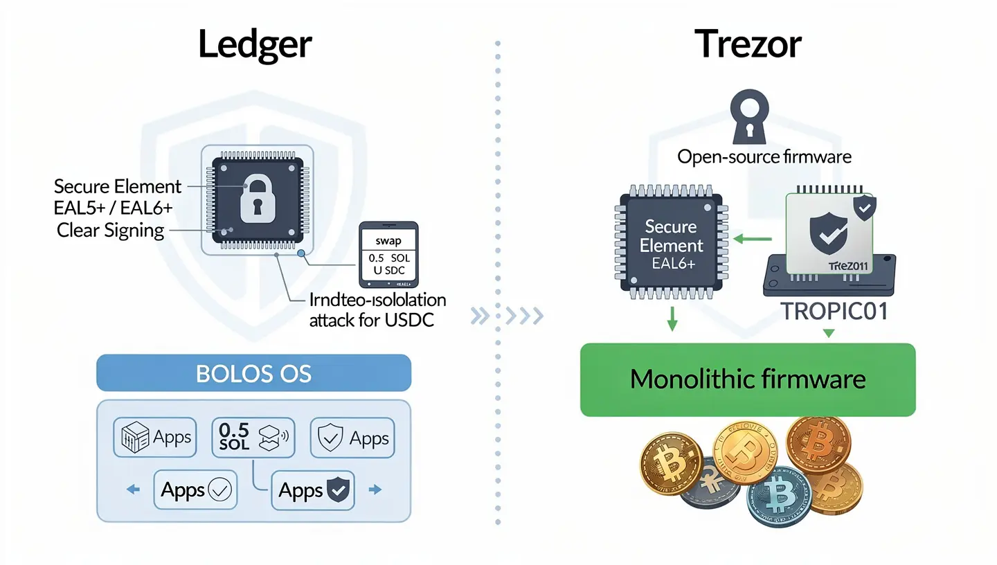 Ledger and Trezor security architecture compared
